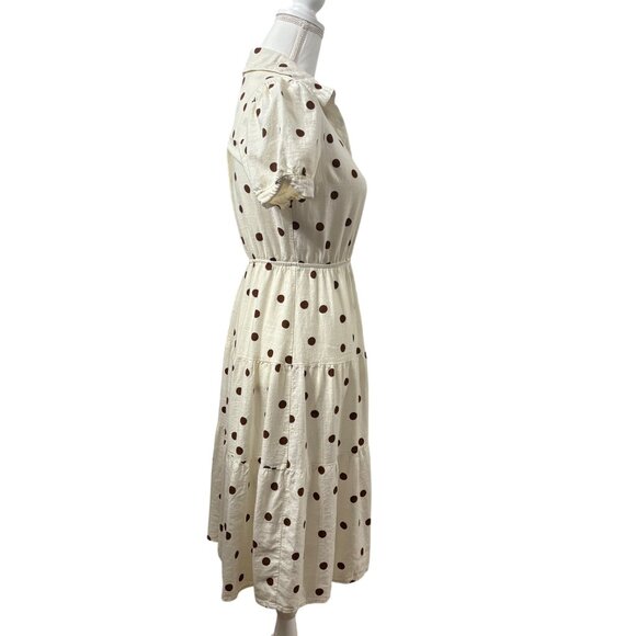 Polka Dot ButtonDown Midi Dress W/ Puff Sleeves & Tiered Skirt Juniors Womens M - Picture 4 of 11